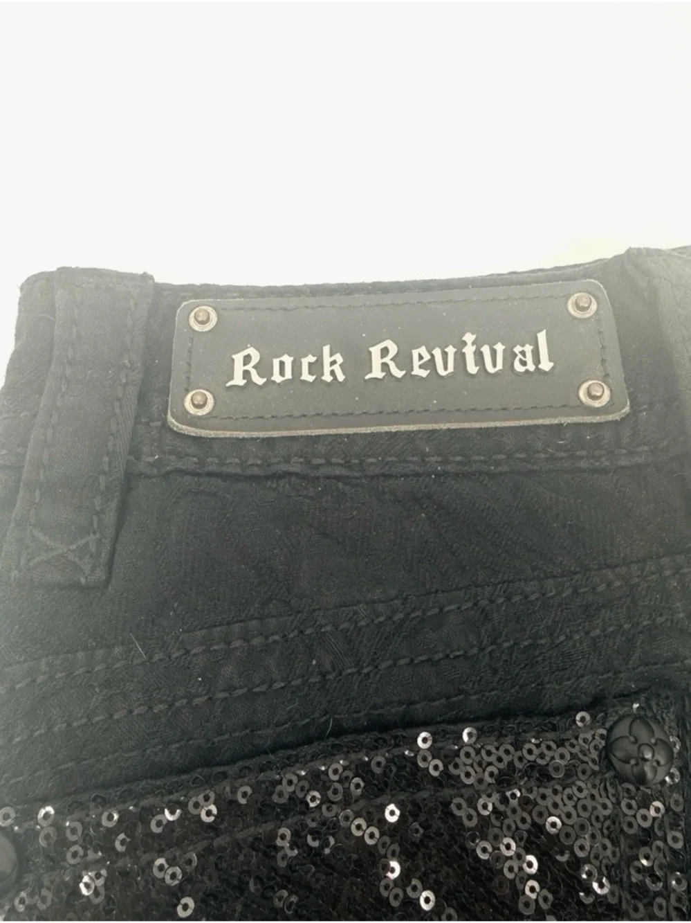 Rock Revival Black Paisley Print Size 24 Skinny Jeans Low Rise Sequin Pockets - Picture 3 of 9